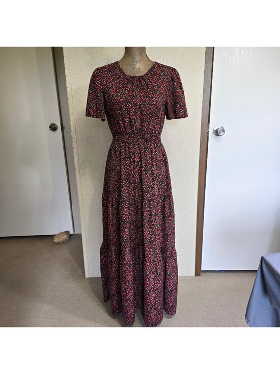 SHEIN Dresses & Skirts - Medium Cottage Core Boho Maxi Dress Black Red Floral Print Elastic Waist
